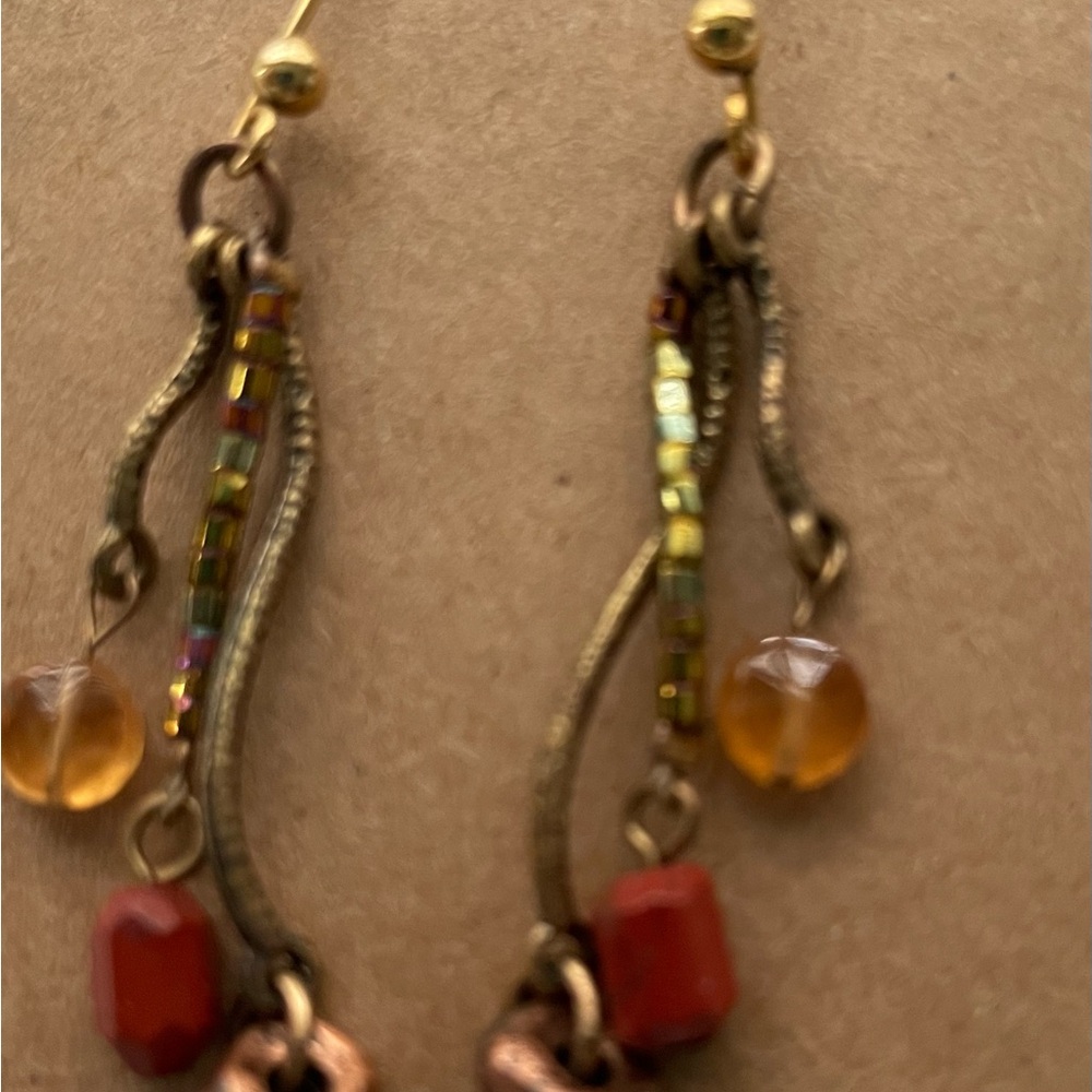 Delicate Multicolor Drop Earrings with Amber and Red Accents